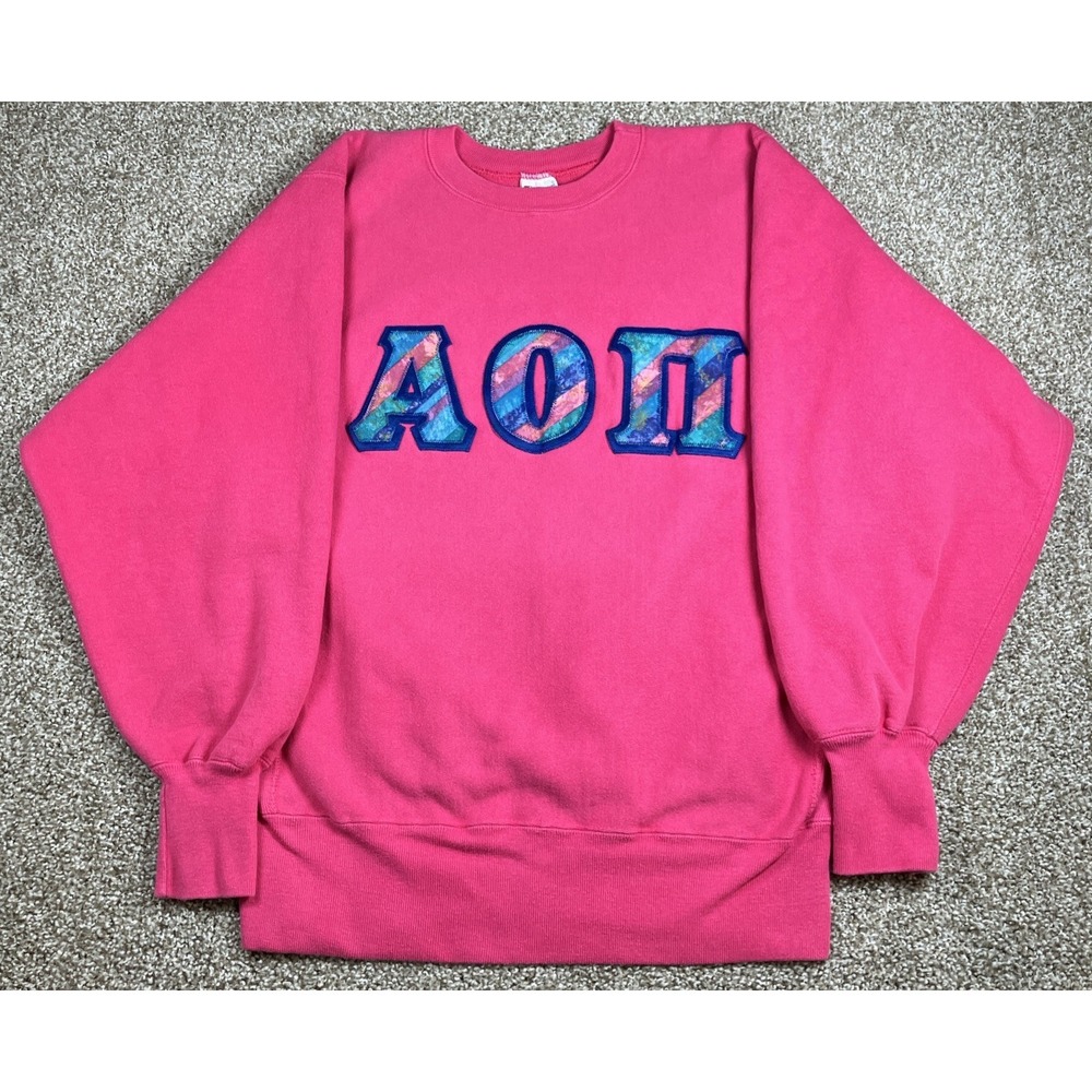 Vintage Champion Reverse‎ Weave Alpha Omicron Pi Crewneck Pink Sweatshirt Large